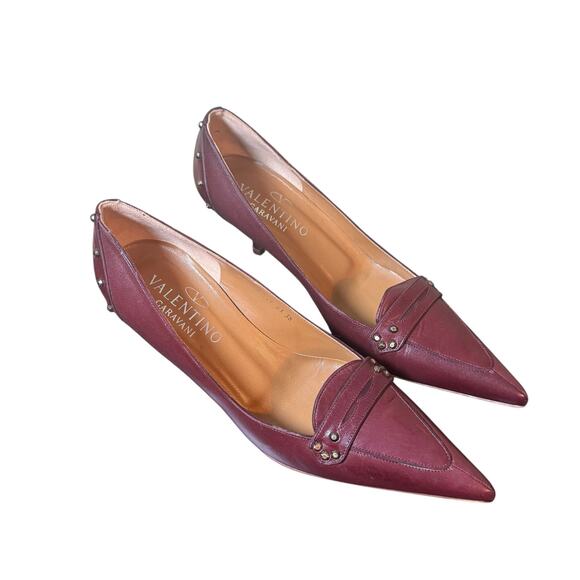 Valentino Garavani Size 38 US 8  Brown Leather Studded Kitten Heel Pointy Pumps - Picture 1 of 7